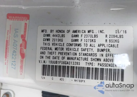 2016 Acura Tlx Tech z USA, uszkodzony, nr VIN 19UUB1F56GA013295